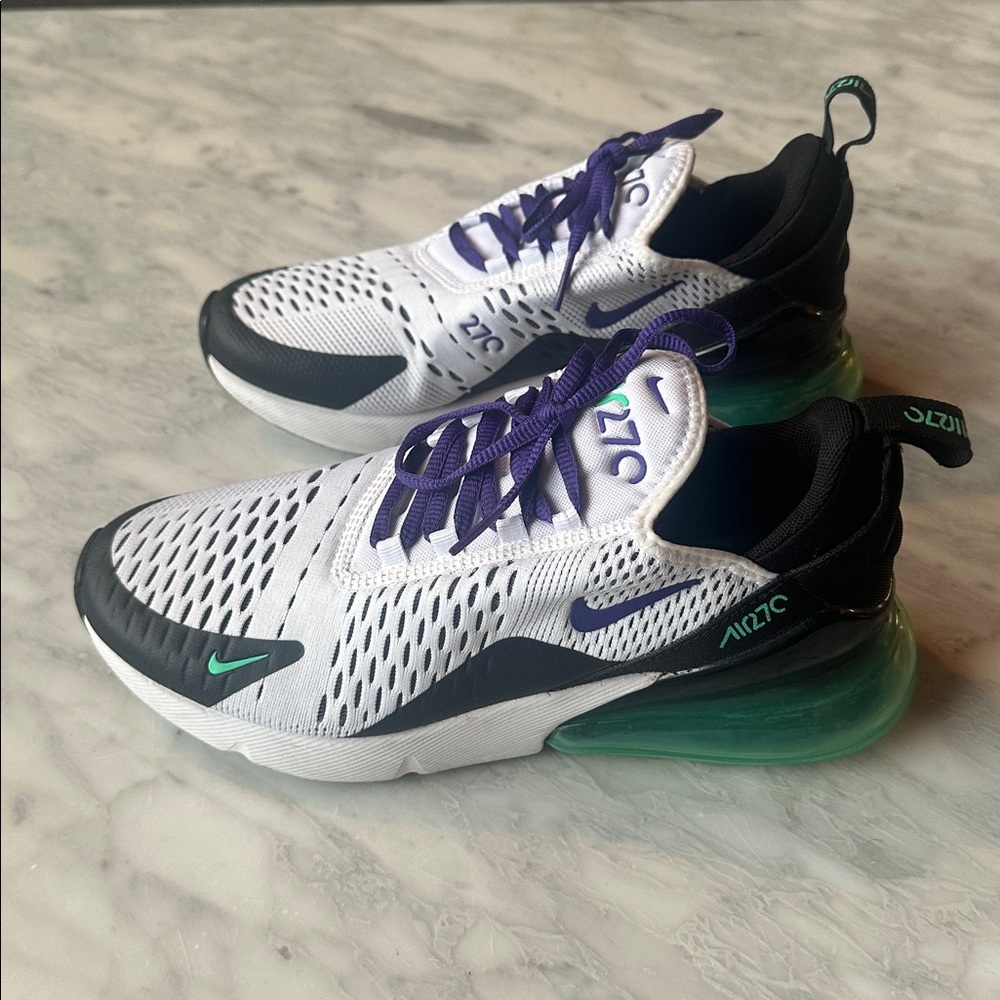 Nike Air Max 270 White and Black with Green and Purple Accents